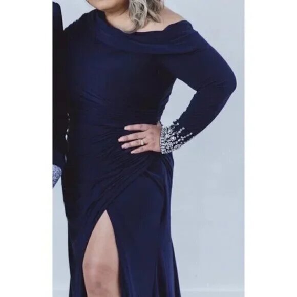 MAC DUGGAL One-Shoulder Long Sleeve Jersey Gown in Midnight Size US 8 - Picture 3 of 14